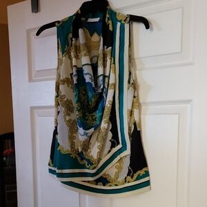 New York & Company Asymmetrical Blue and Cream Blouse